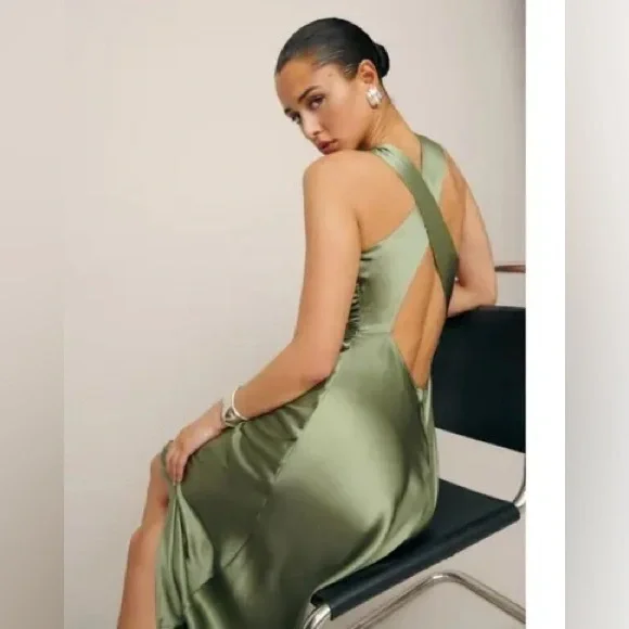 Reformation NWT Casette Silk Dress Size 12 in Artichoke - Picture 3 of 14